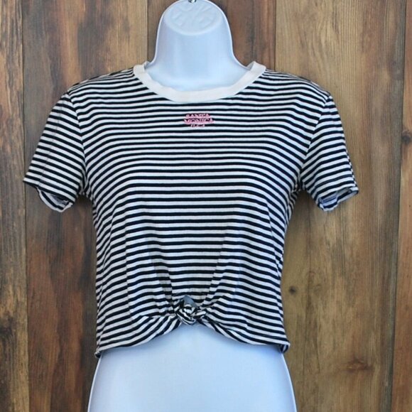 Divided Women's Santa Monica USA Navy White Stripe Cropped Tee Small - Picture 1 of 4